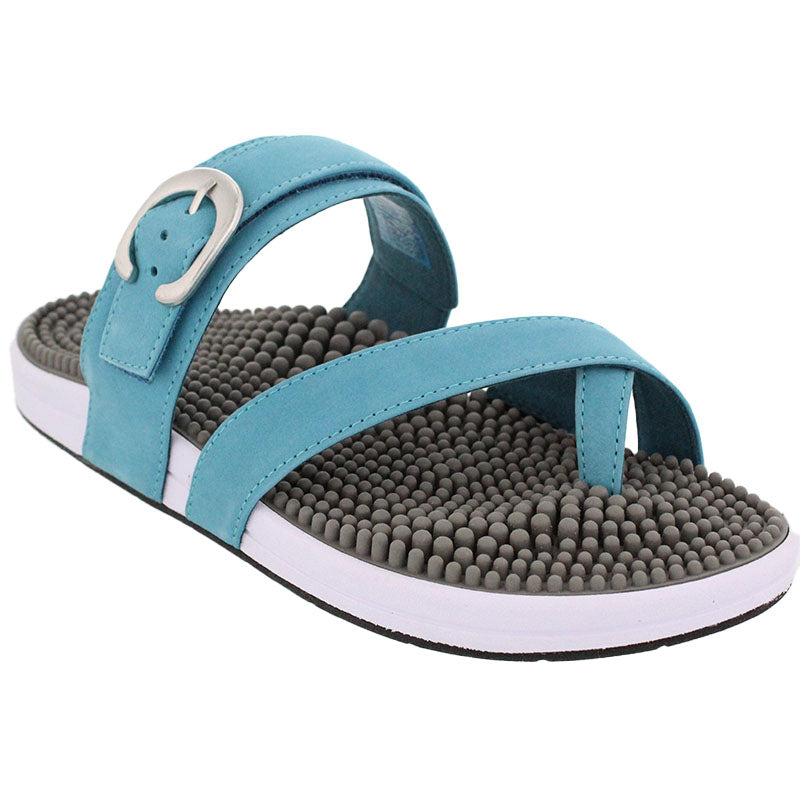Kenkoh Aura-V casual sandal with blue straps and textured gray massage-bead footbed.