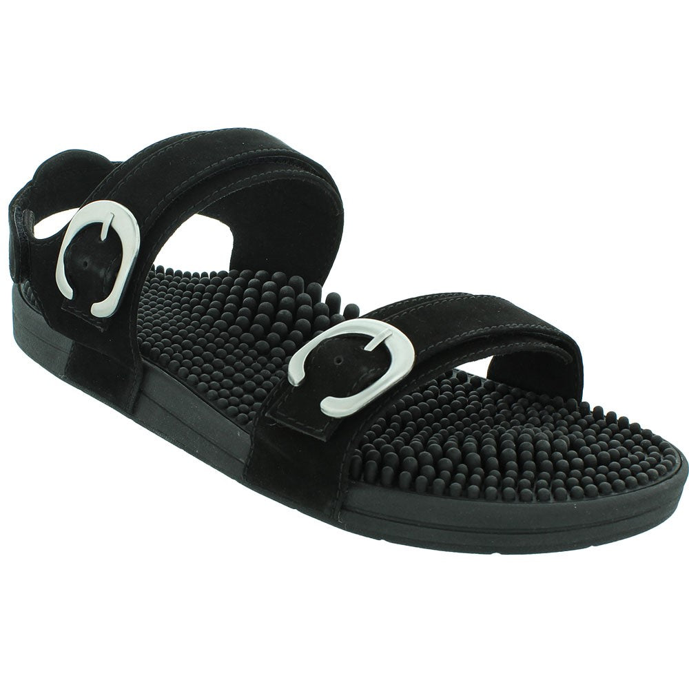 Kenkoh Karma-V casual sandals in black with white buckle straps and a textured massage sole.