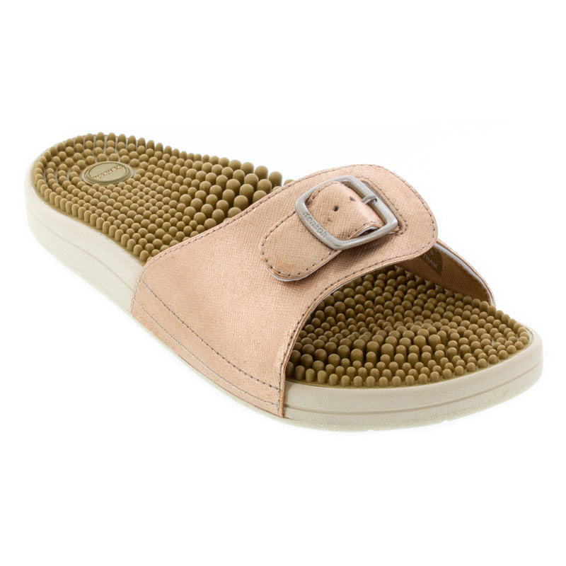 Kenkoh casual sandal with pink strap and metal buckle; beige beaded massage footbed.