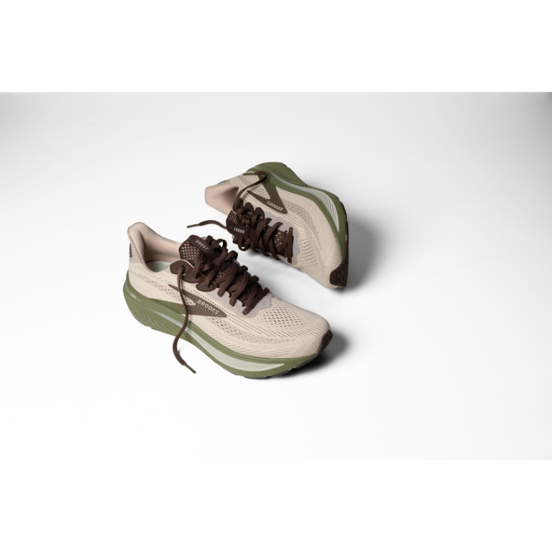 Brooks Ghost 17 athletic shoes pair, beige knit upper with brown laces and olive-green outsole