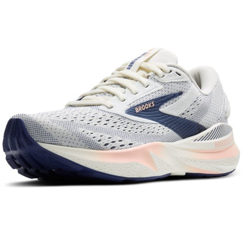 Brooks Adrenaline GTS 24 athletic shoe in white with blue accents and pink midsole.