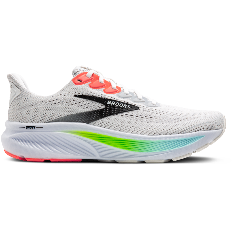 Brooks Ghost 17 athletic shoes; white knit upper with coral lace loops and neon green–blue gradient midsole
