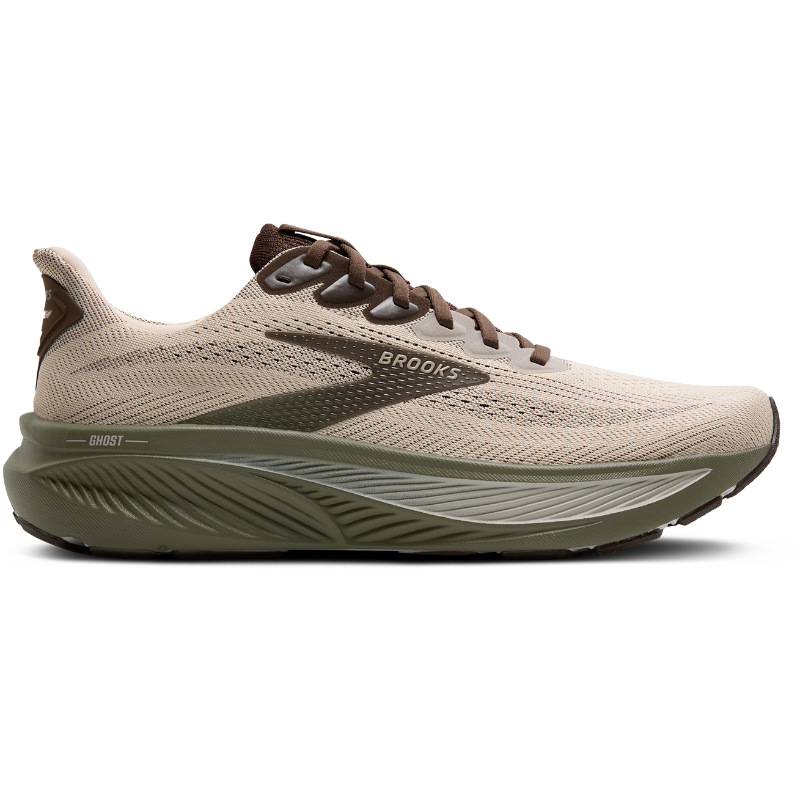 Brooks Ghost 17 athletic shoes; beige knit upper with brown laces and olive-green midsole
