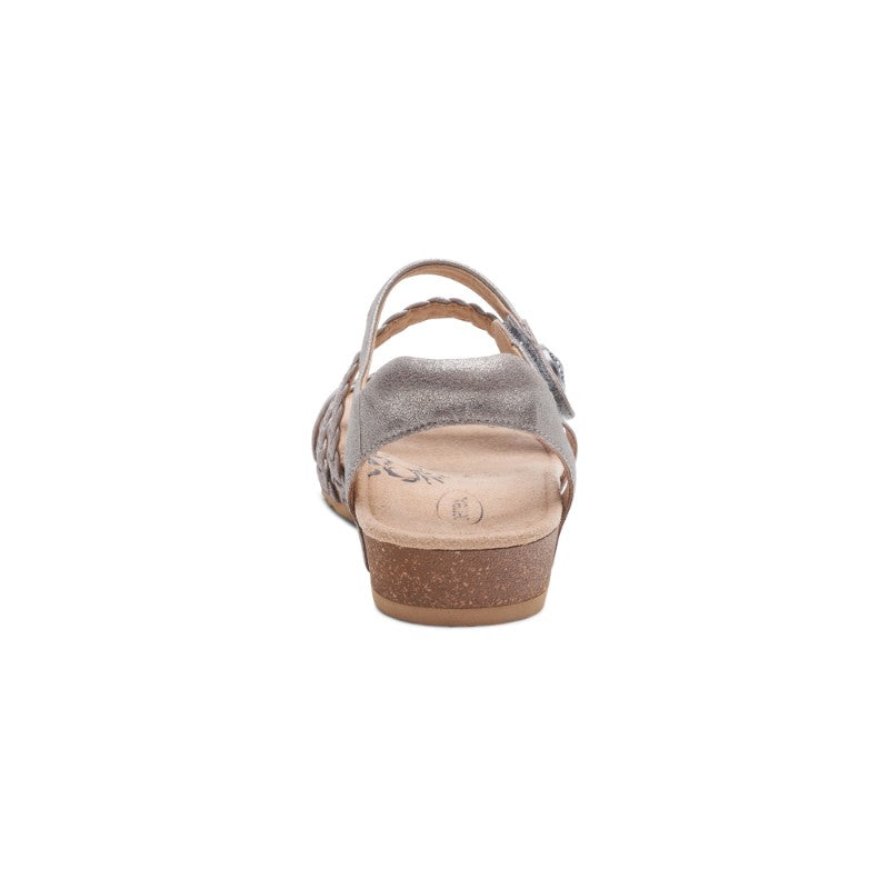 Aetrex Jillian casual sandal with metallic straps and cork wedge heel, back view.