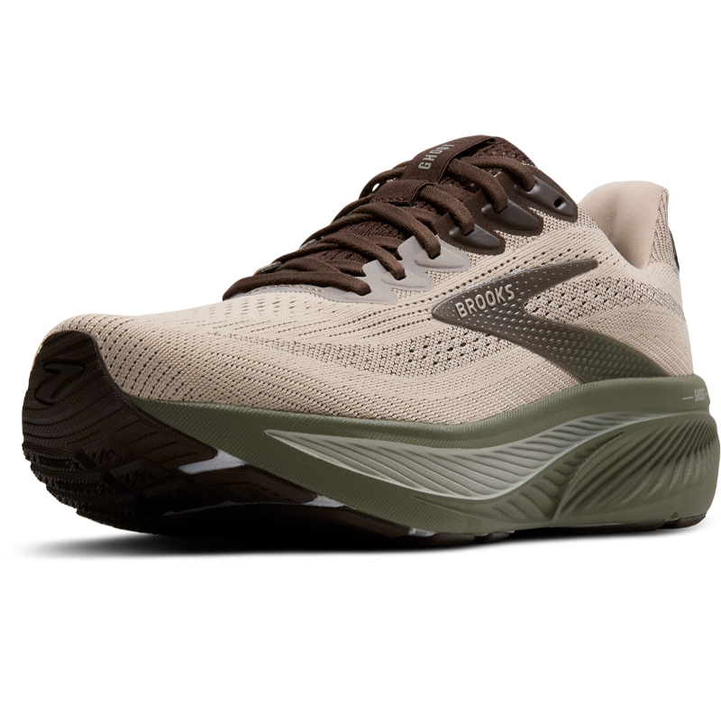 Brooks Ghost 17 athletic running shoes in beige knit with brown laces and olive sole