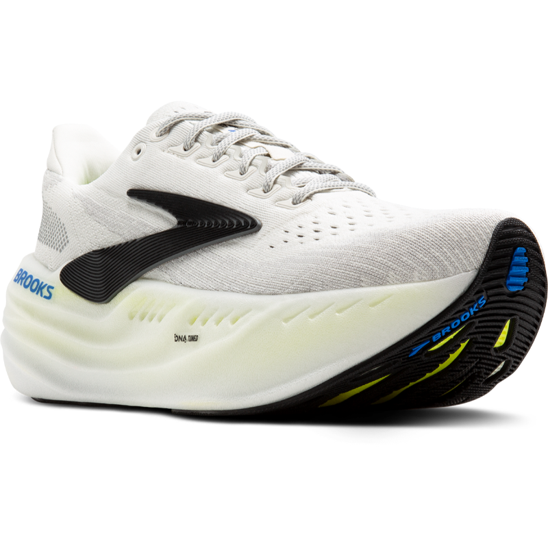 Brooks Glycerin Max men's athletic shoes, white knit upper with black side support and neon-yellow sole accents.