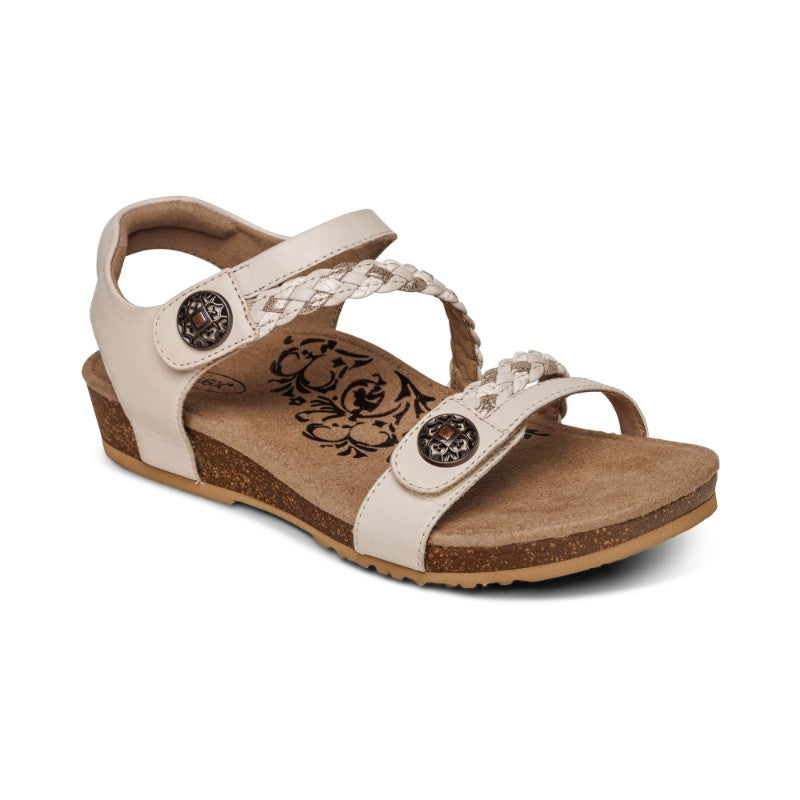 Aetrex Jillian casual sandal in beige with braided front straps and cork footbed.