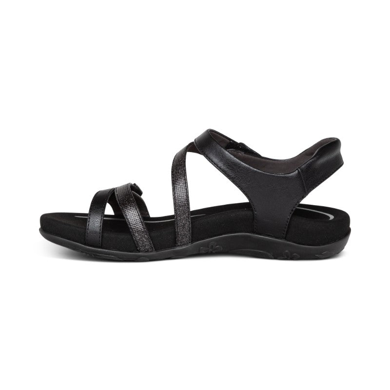Aetrex Jess casual sandals in black with multiple straps and cushioned footbed