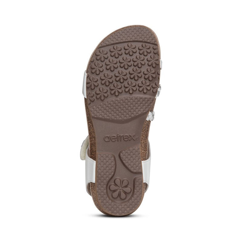 Aetrex Jillian casual sandals; brown sole with flower tread and white straps