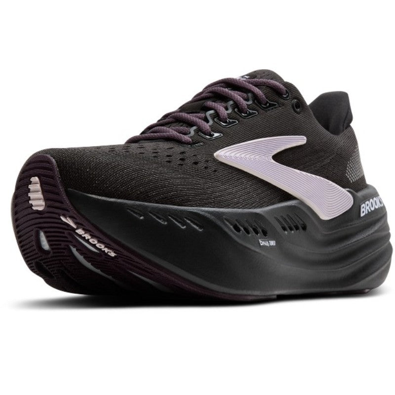 Brooks Glycerin Max women's athletic shoes in black with purple laces and lavender side logo