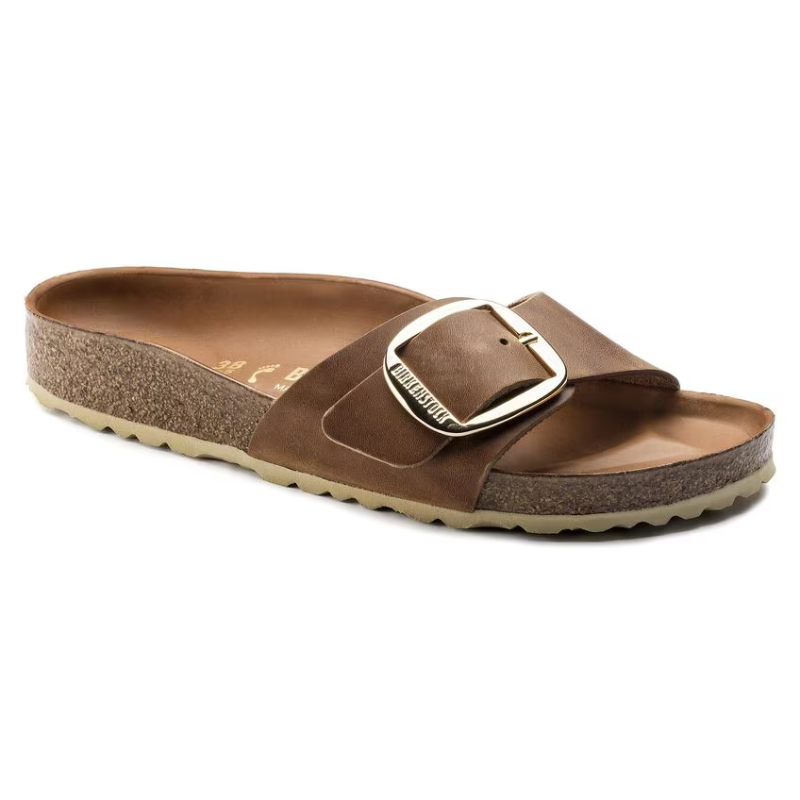 Birkenstock Madrid Big Buckle sandals, brown leather, cork footbed, single strap with large gold buckle