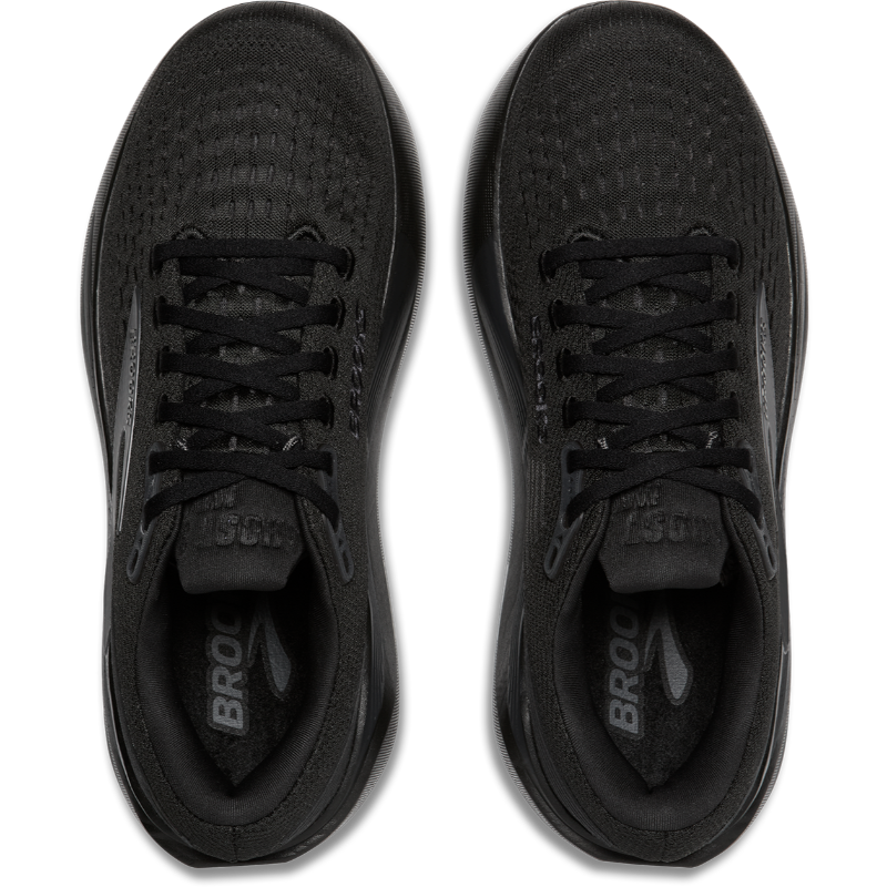 Pair of Brooks Ghost Max 3 athletic shoes in black mesh uppers.