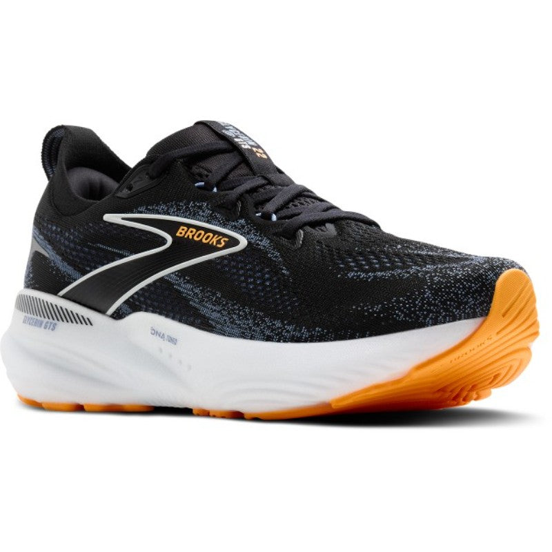 Brooks Glycerin GTS 22 men's athletic running shoe, black knit upper with orange outsole