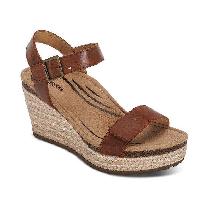 Aetrex Sydney casual wedge sandal in brown leather with ankle strap and jute espadrille heel