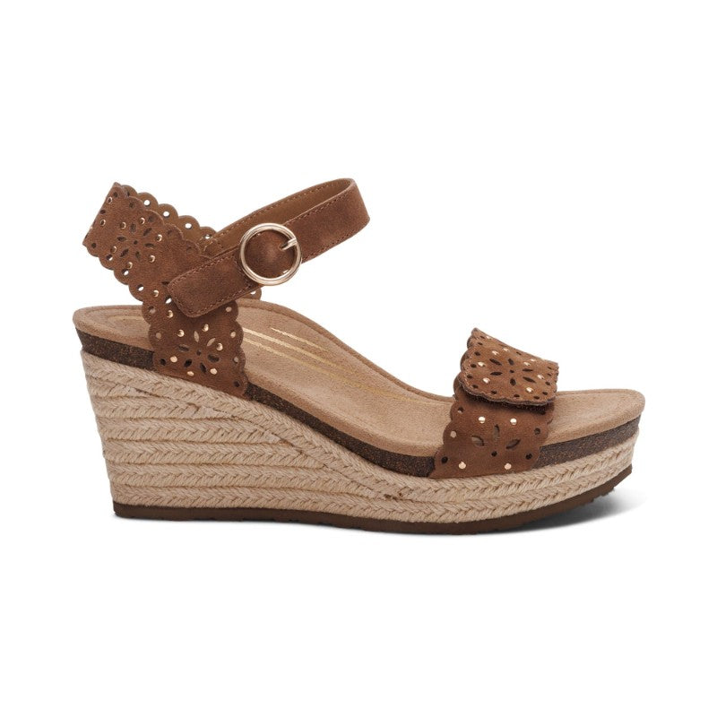 Aetrex Sydney Cutout casual wedge sandal, brown suede straps with perforated cutouts and jute-wrapped heel.
