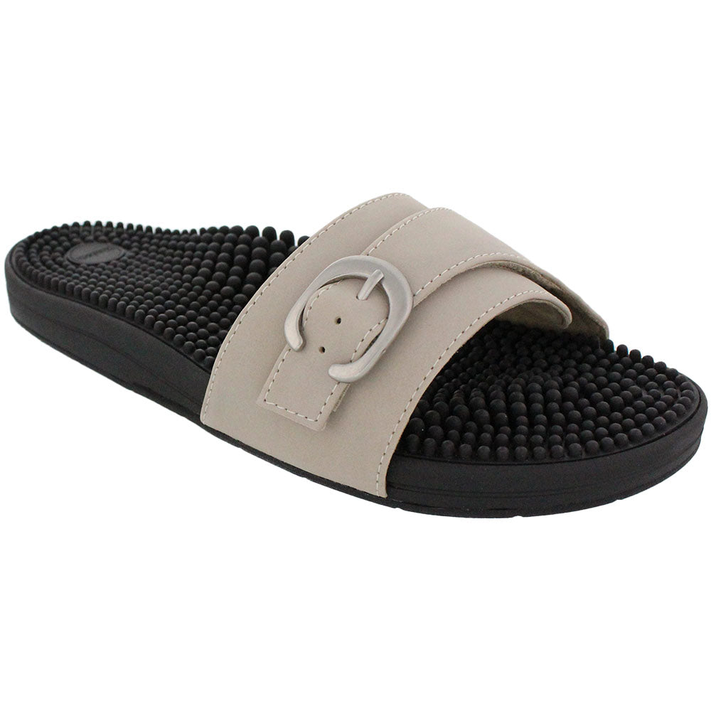 Kenkoh Vibe-V casual sandals in beige with black textured footbed and buckle strap