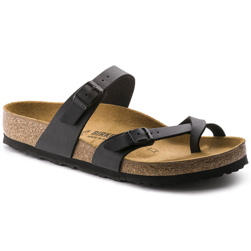 Birkenstock Mayari sandals, black straps with cork footbed and adjustable buckles