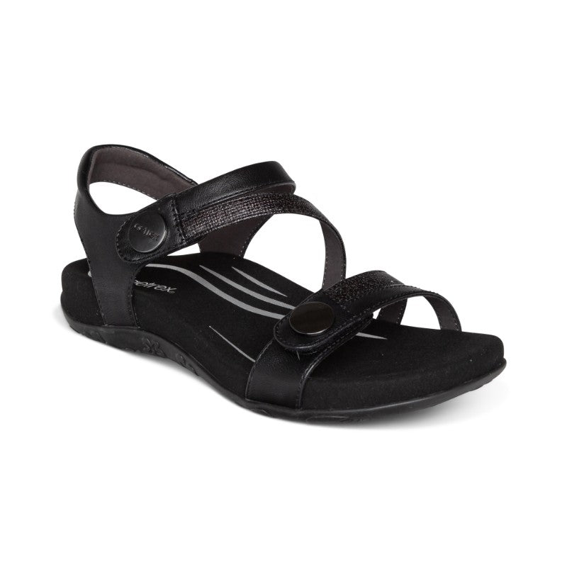 Aetrex Jess casual sandal in black with adjustable straps and cushioned footbed