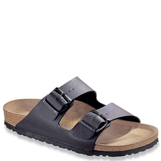 Birkenstock Arizona sandals, black two-strap casual shoes with cork footbed and textured sole