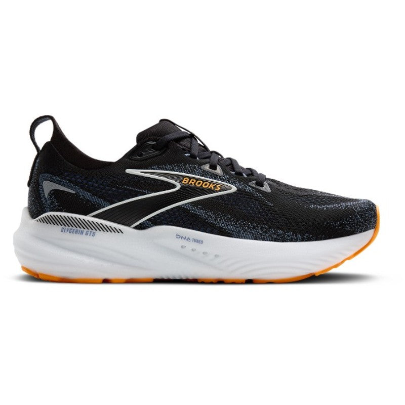 Brooks Glycerin GTS 22 men's athletic shoe, black upper with white midsole and orange outsole