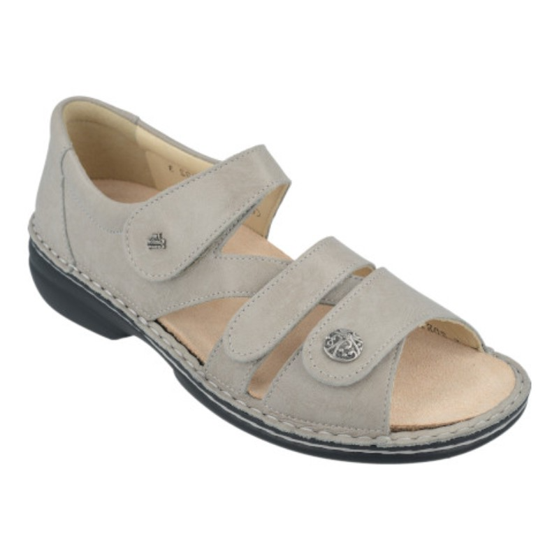 Finn Comfort Biella-S women's sandals in light gray suede with two velcro straps and cushioned beige insole.