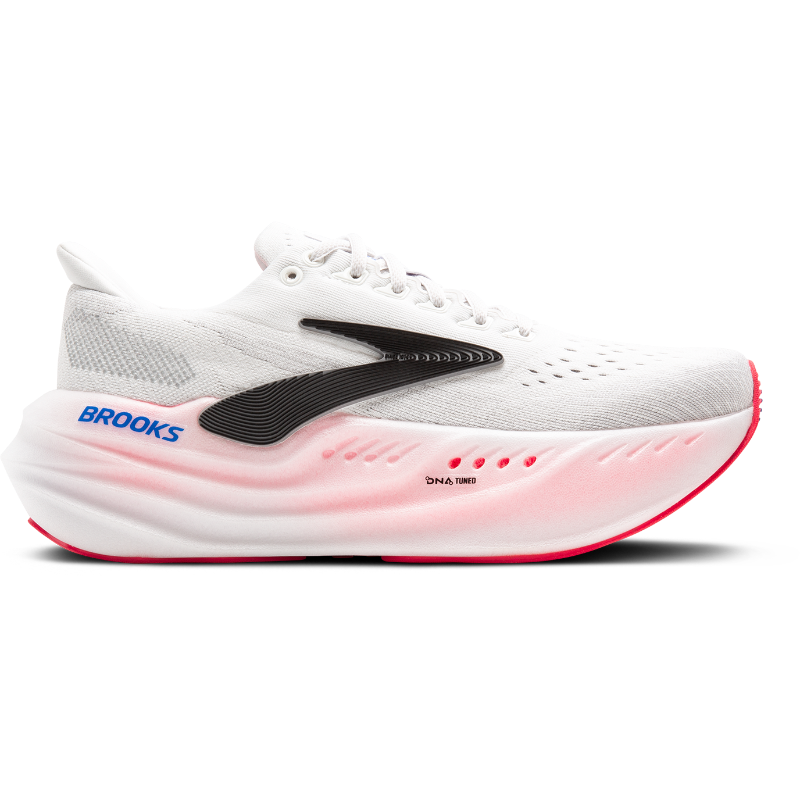 Brooks Glycerin Max Women's athletic shoes, white mesh with black logo and pink gradient midsole