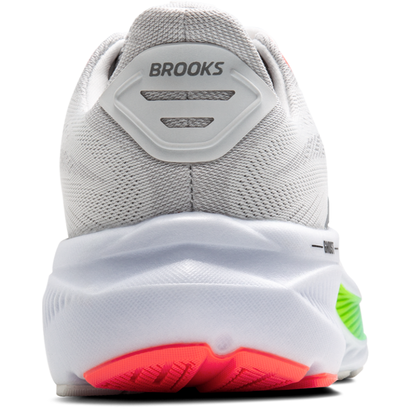 Brooks Ghost 17 athletic shoes, light gray knit upper with white midsole and neon pink outsole accents.
