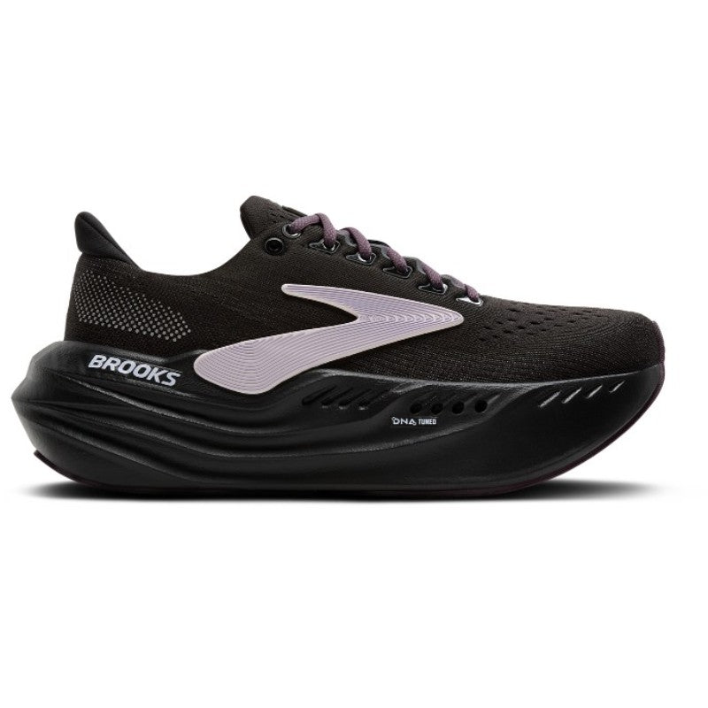 Brooks Glycerin Max Women's athletic shoes in black with light pink logo and lavender laces