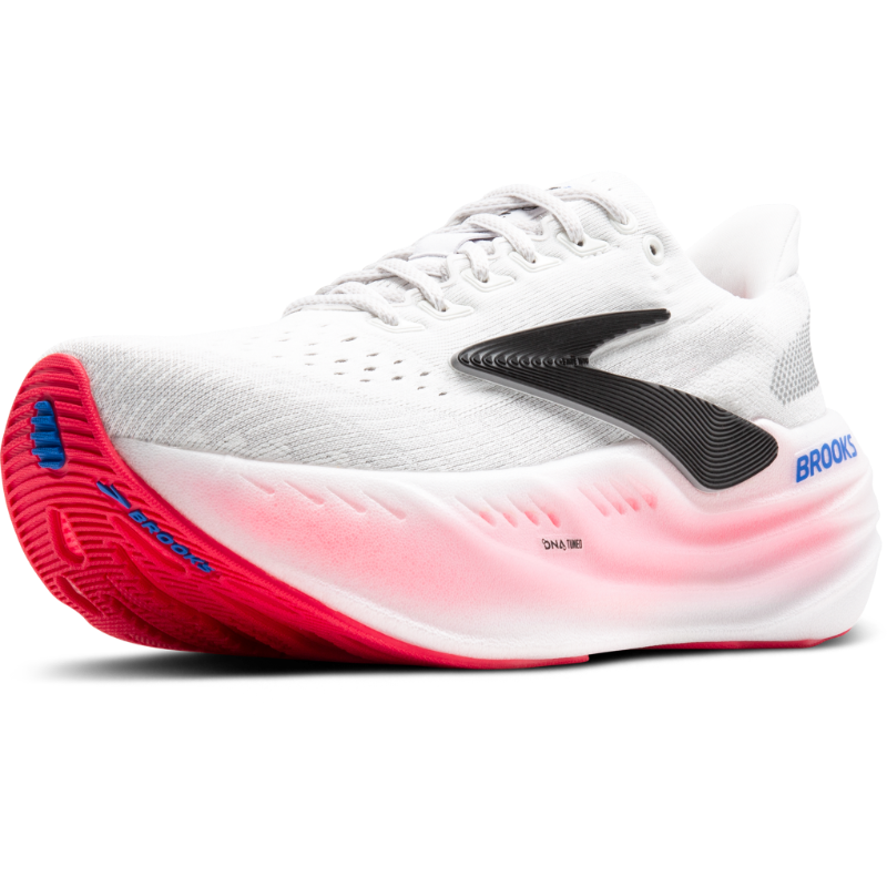 Brooks Glycerin Max women's running shoes, white mesh upper with pink gradient midsole and black side logo