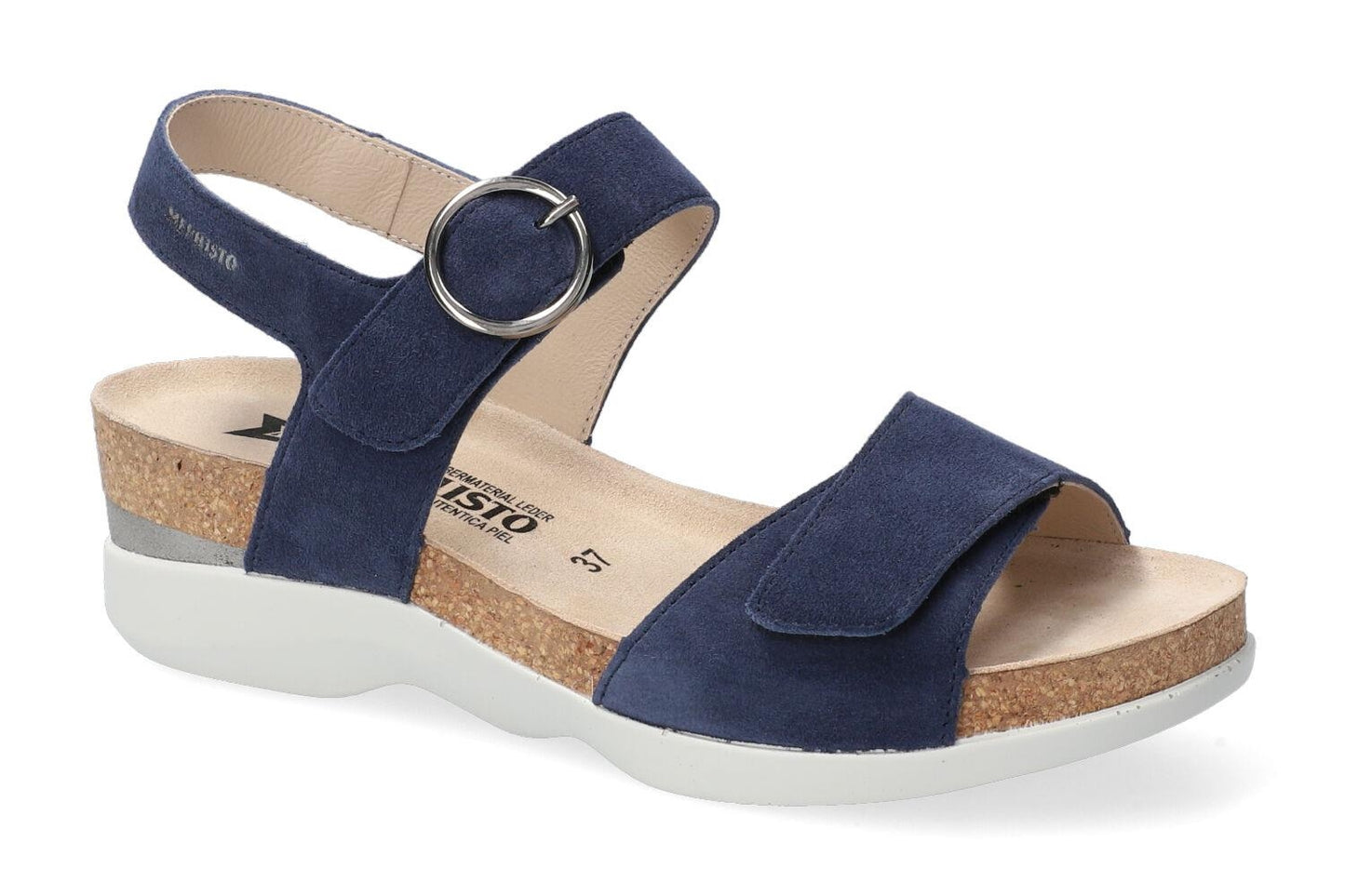Mephisto Oriana sandals; navy suede wedge with cork heel, ankle strap and silver ring buckle