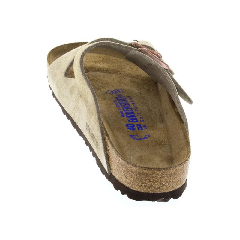 Birkenstock Arizona Soft Footbed sandal in beige suede with cork footbed and brown outsole