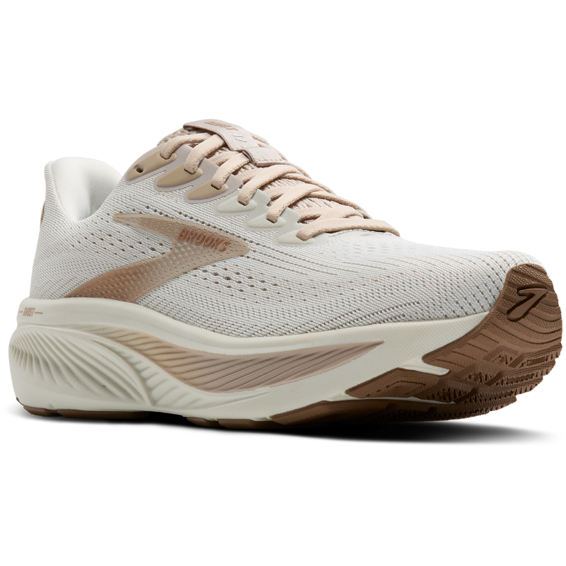 Brooks Ghost 17 athletic shoes with beige knit upper, cream midsole, tan outsole.