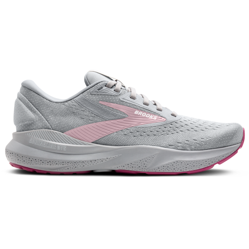 Brooks Adrenaline GTS 24 athletic shoes in gray with pink accents.
