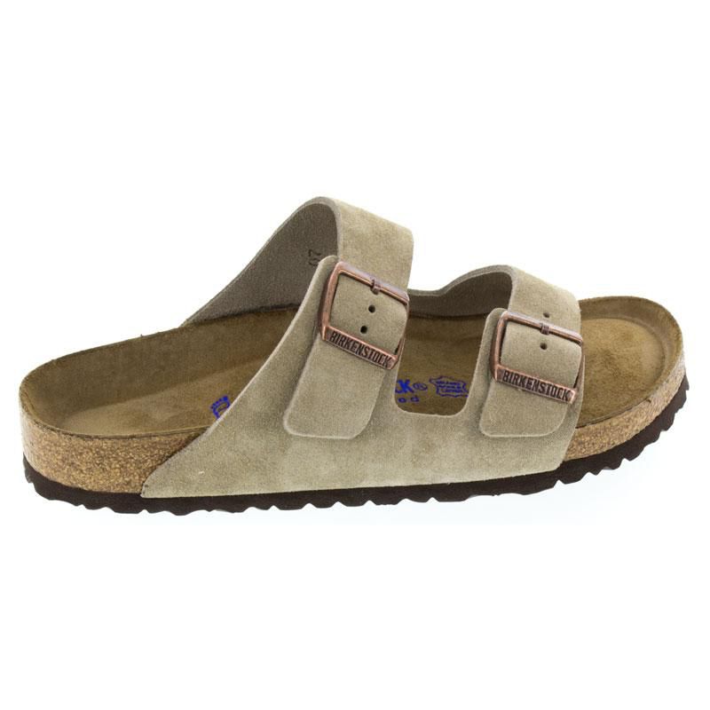 Birkenstock Arizona Soft Footbed sandals in beige suede with dual buckle straps and cork footbed