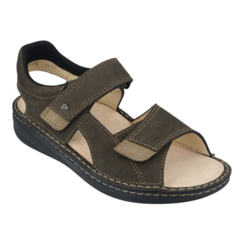 Finn Comfort Skiathos men's casual sandals in brown suede with two Velcro straps and cushioned footbed