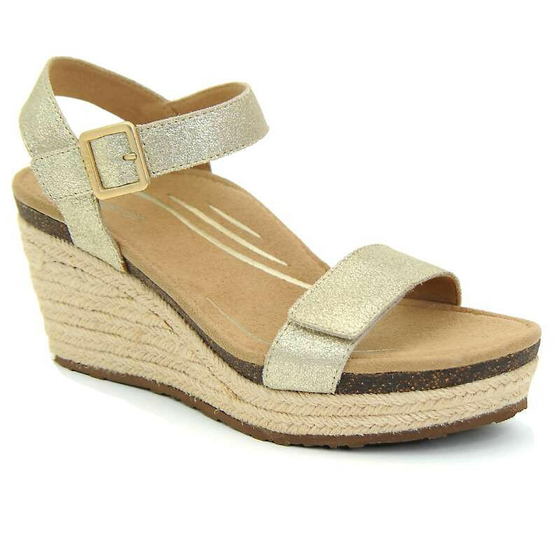 Aetrex Sydney casual wedge sandal in gold glitter with ankle strap and braided jute sole.