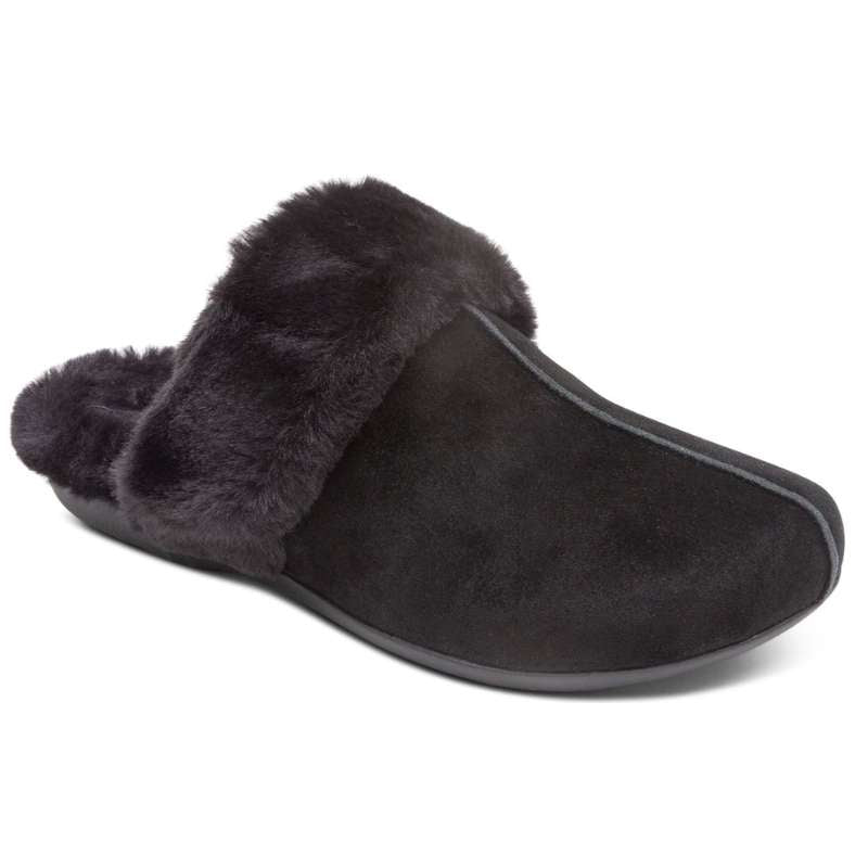 Aetrex Arianna women's casual slippers, black suede with plush fur lining