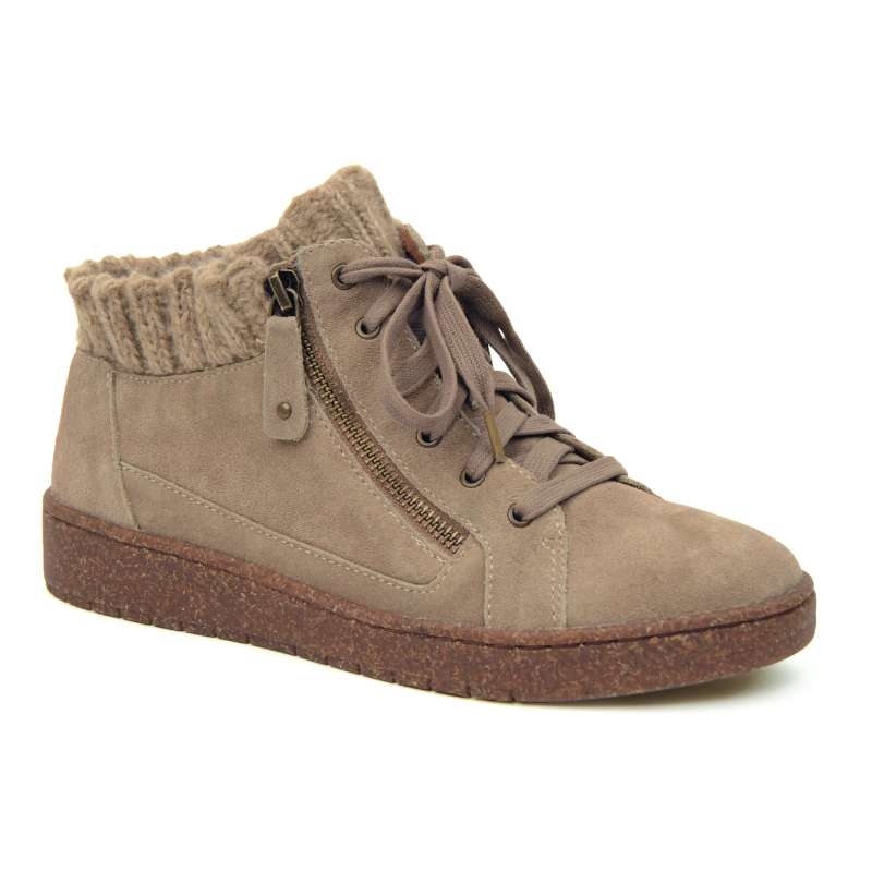 Aetrex Bonnie Sweater women's casual boot in taupe suede with knit cuff and side zipper