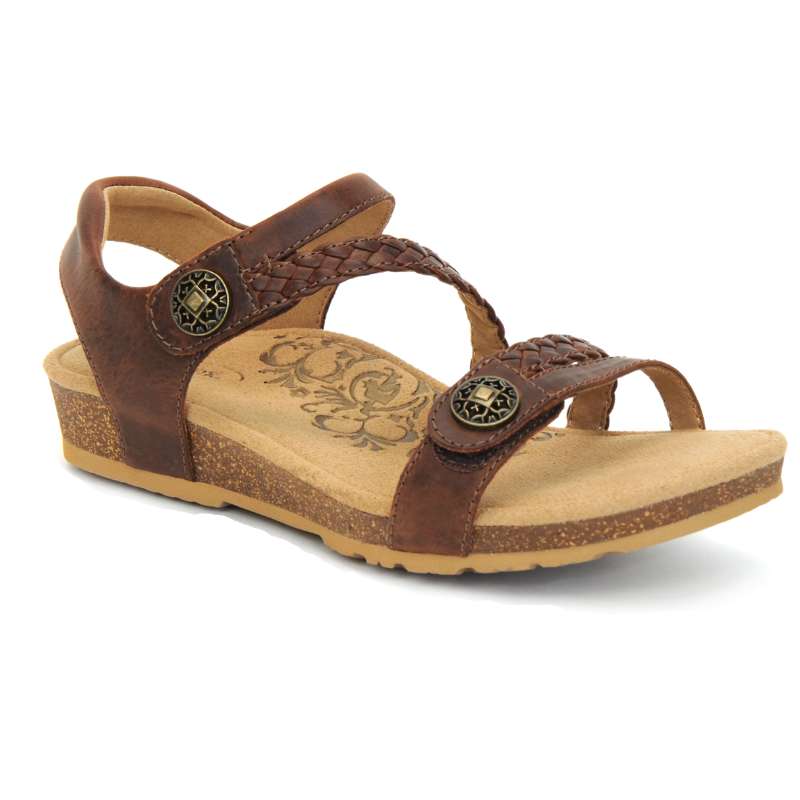 Aetrex Jillian casual sandal in brown leather with braided straps, brass-tone buttons and cork footbed.