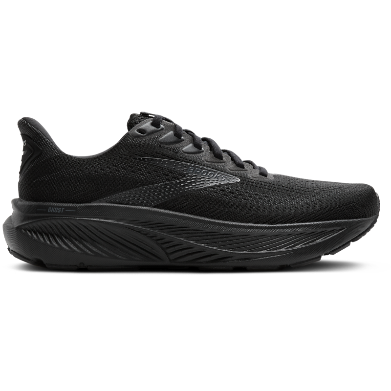 Brooks Ghost 17 athletic shoes in black with breathable mesh upper and cushioned midsole