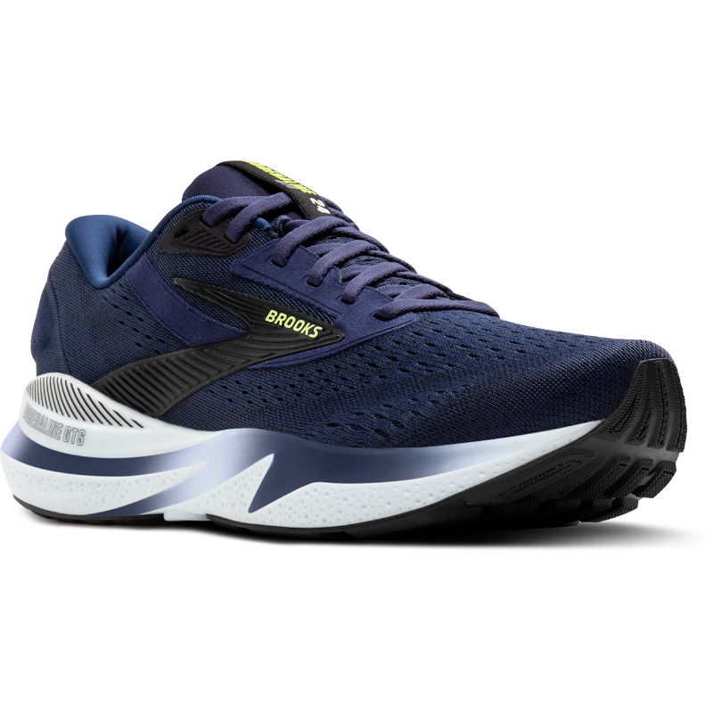 Brooks Adrenaline GTS 24 athletic shoe in navy with black panel and lime logo