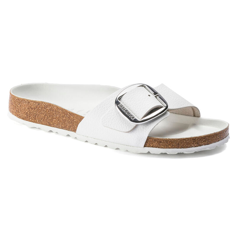 Birkenstock Madrid Big Buckle white casual sandal with cork footbed and silver buckle