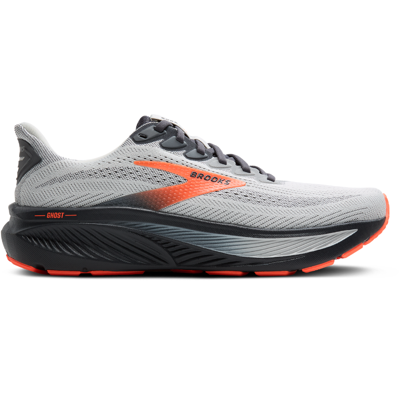 Brooks Ghost 17 athletic running shoes in gray with orange side branding and black sole.