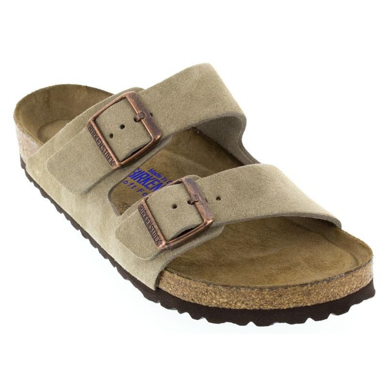 Birkenstock Arizona Soft Footbed sandals in beige suede with dual copper buckles and cork outsole