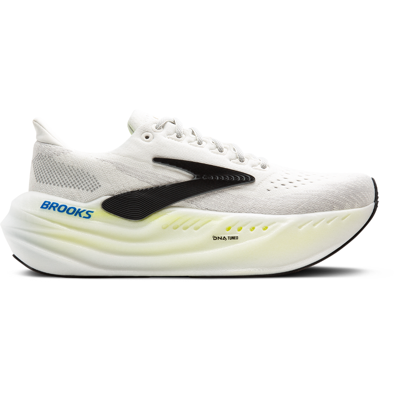 Brooks Glycerin Max men's athletic shoes with white knit upper, black side logo, blue branding, neon yellow midsole