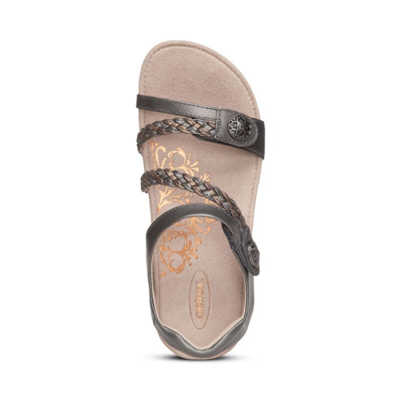 Aetrex Jillian casual sandal in gunmetal with braided straps and gold floral footbed design