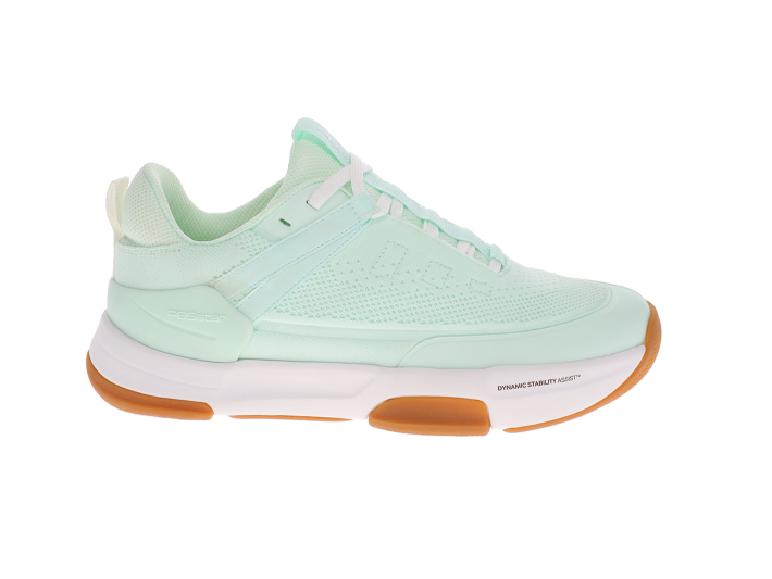 PB5Star W's PB5 Court2 athletic shoes in mint green mesh with white sole and orange gum outsole