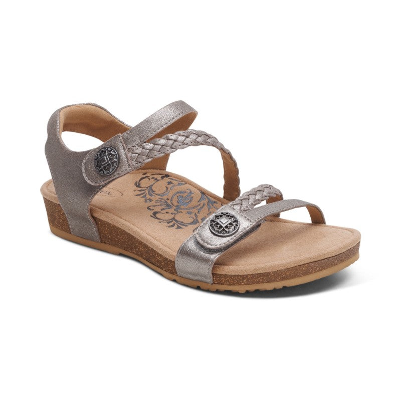 Aetrex Jillian sandals in metallic silver with braided straps and cork wedge sole