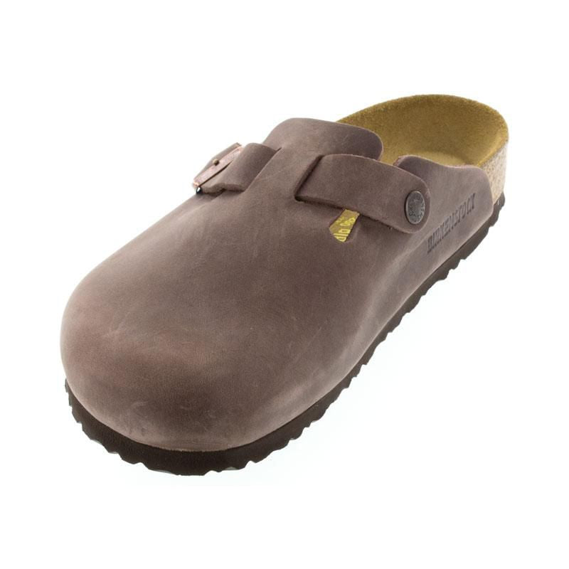 Birkenstock Boston casual shoes; brown leather clog with two straps and cork footbed.