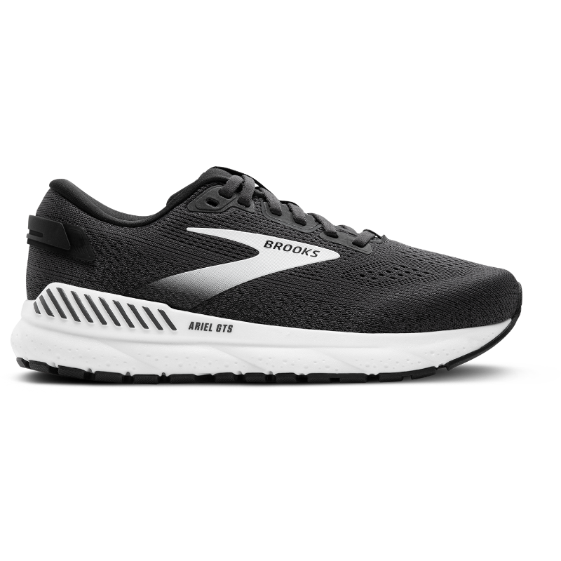 Brooks Ariel GTS 24 women's athletic shoe in black knit with white sole and logo.